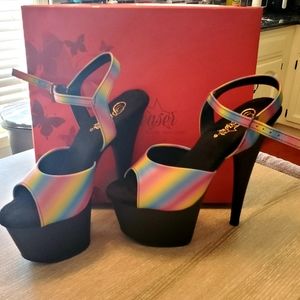 Pleaser 7" heel ankle strap sandal, Rainbow Reflective/Blk Matte, size 8